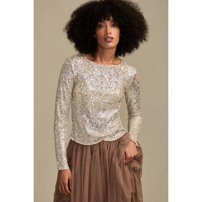 Women's Sequin Long Sleeve Top - Champagne Sequin