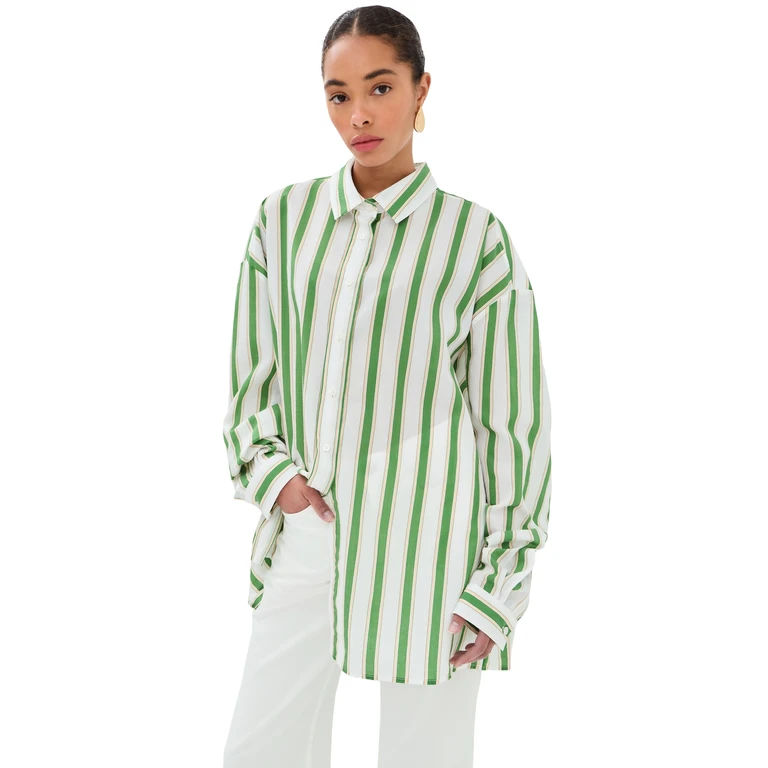 Button Down Shirt Green And White Stripes 40