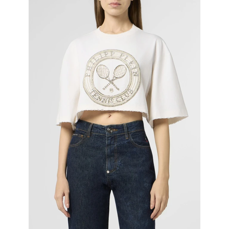 Tennis Club Cropped Cotton T-Shirt with Rhinestones and Pearls (PAFCWTK3928PJY002N01OF)