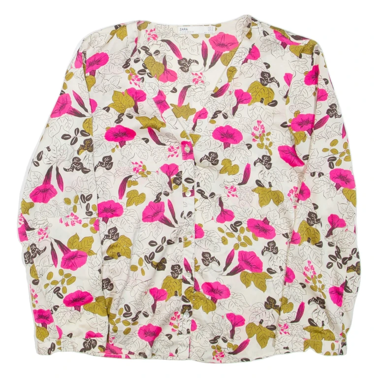 ZARA Womens Printed Blouse White V-Neck Long Sleeve Floral S