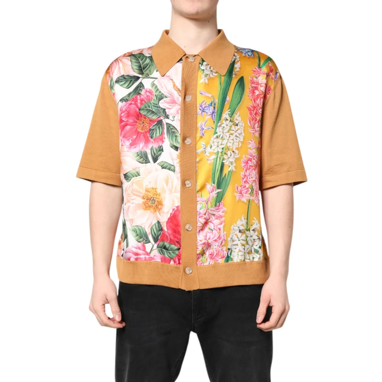Dolce & Gabbana Brown Floral Collared Short Sleeve T-Shirt Silk Cotton - Men