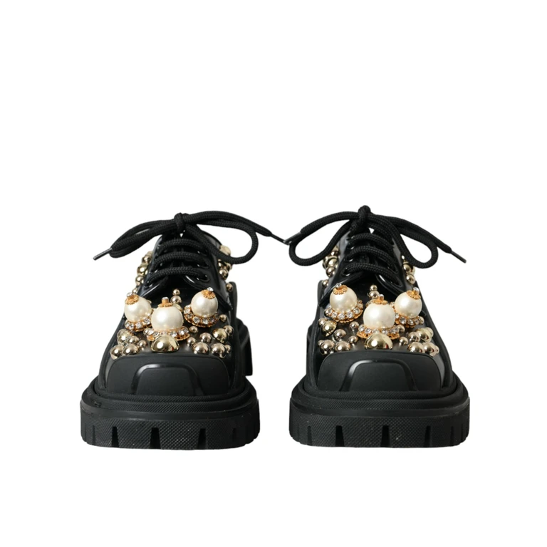 Dolce & Gabbana Black Leather Trekking Derby Embellished Shoes - Women