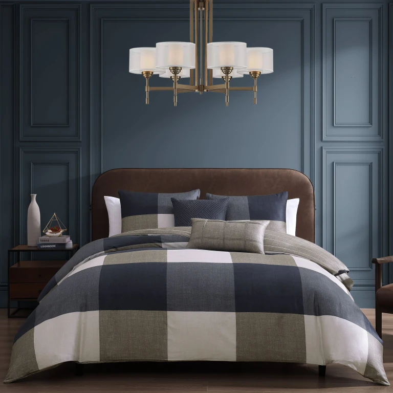 Checkered Navy Tan 5 Piece Reversible Comforter Set