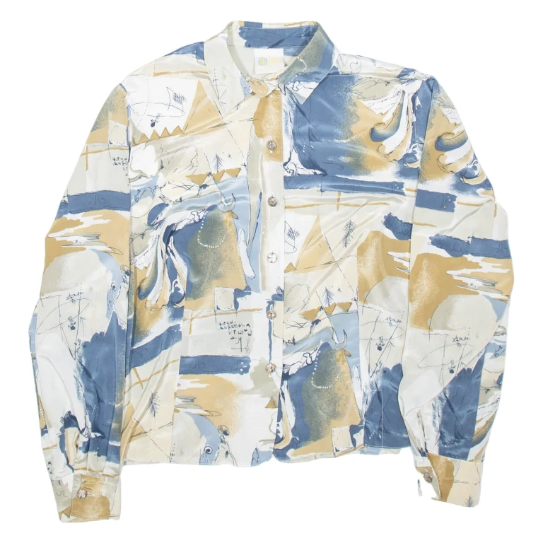 YOUR SIXTH SENSE Womens Shirt Blue Faux Silk Crazy Pattern Long Sleeve M