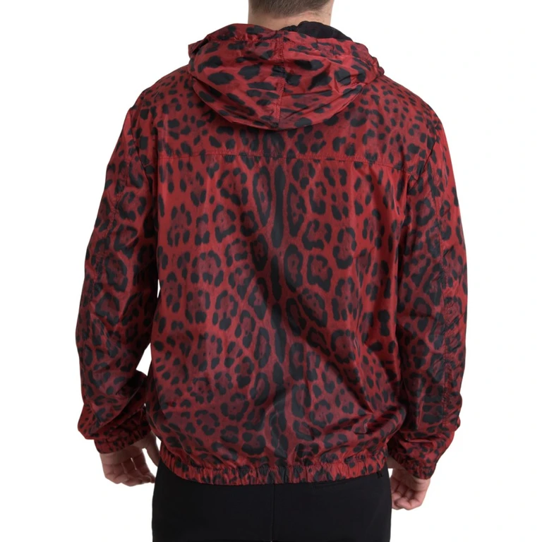 Red Leopard Hooded Bomber Full Zip Jacket Nylon Clothing - Men