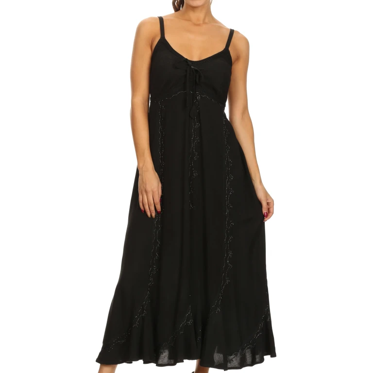 Sakkas Allie Stonewashed Embroidered Adjustable Spaghetti Straps Long Dress