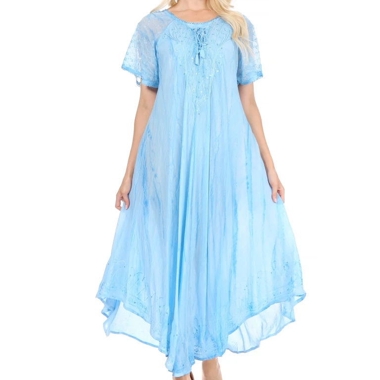 Sakkas Myani Two Tone Embroidered Sheer Cap Sleeve Caftan Long Dress Cover Up