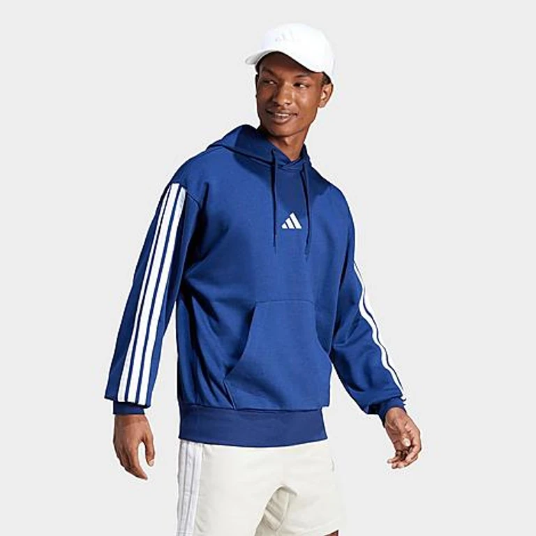 adidas Men's Essentials 3-Stripes Fleece Pullover Hoodie in Dark Blue/White Size: XS
