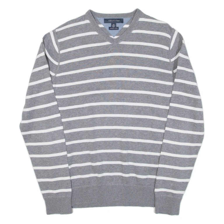 TOMMY HILFIGER Mens Patterned Jumper Grey Striped V-Neck Tight Knit S