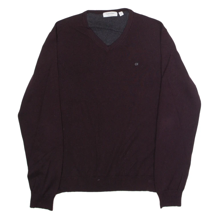CALVIN KLEIN Mens Jumper Maroon V-Neck Tight Knit Wool L