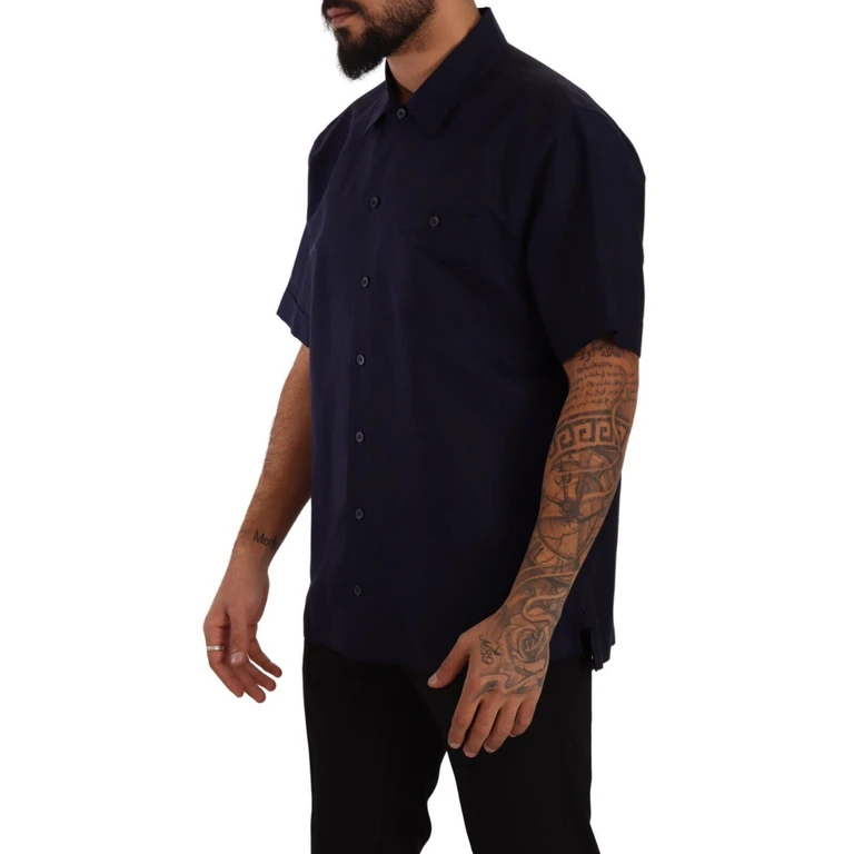 Dolce & Gabbana Navy Blue Button Down Short Sleeves Shirt Flax Cotton - Men