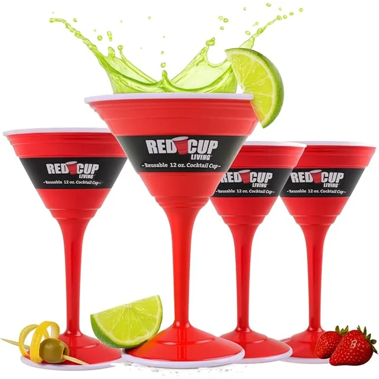 Reusable Red Plastic Cocktail Glasses with Stem, 12oz, Unique Drinking Glasses for Parties, Durable Champagne Flutes, Sturdy Stem Glass for Wine, Elegantes Copas De Vino, Pack of 4