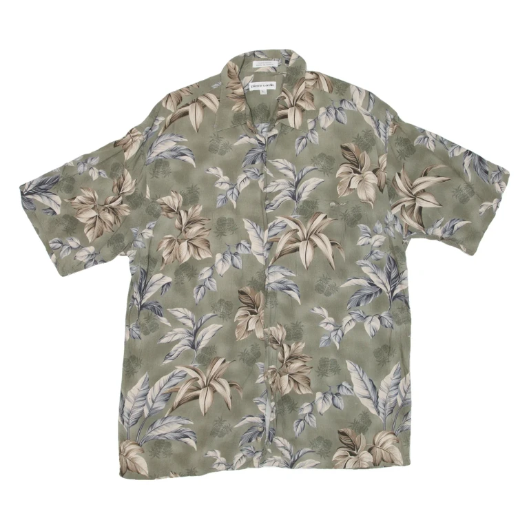 PIERRE CARDIN Mens Hawaiian Shirt Green Floral L