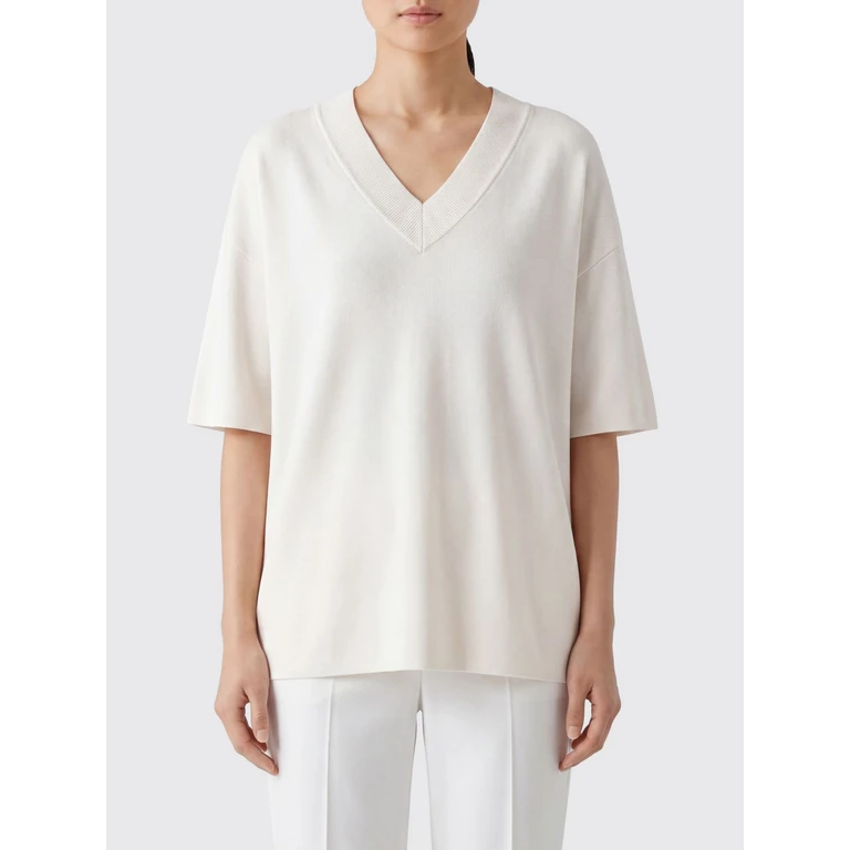 Relaxed Fit V-Neck Jumper in Virgin Wool Blend with Short Sleeves (FKS861KN0158136)