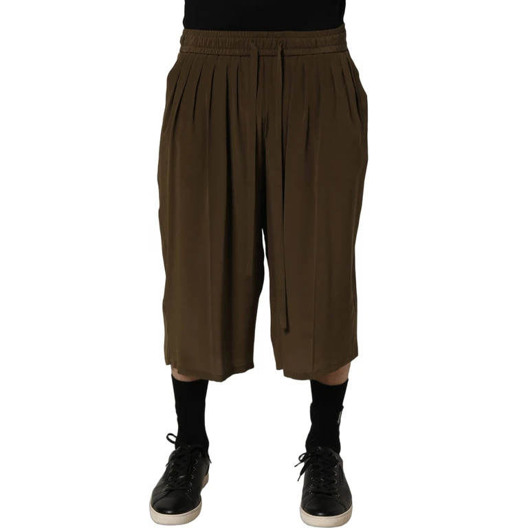 Brown Silk Mid Waist Pleated Bermuda Shorts - Men