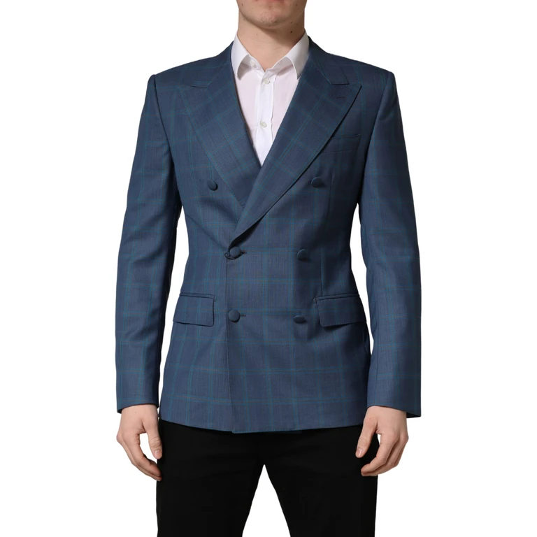 Dolce & Gabbana Blue Checked Double Breasted Men Suit Jacket Virgin Wool - Men