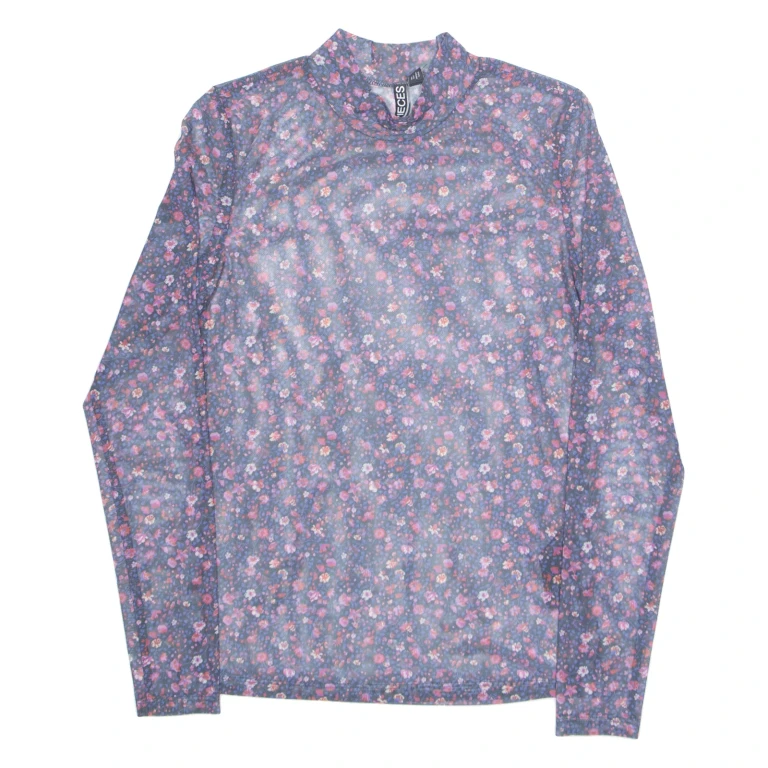 PIECES Sheer Womens Printed Top Purple High Neck Long Sleeve Floral S