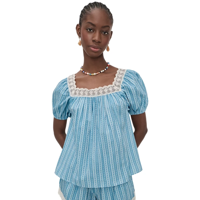 La Maregold Eleanor Blouse Blue Floral Stripe M
