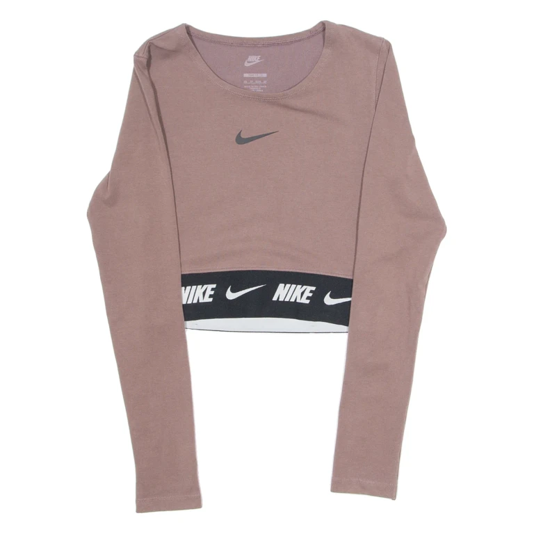 NIKE Cropped Tight Fit Womens T-Shirt Brown Long Sleeve Crew Neck XS