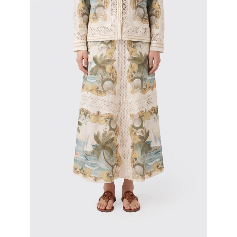 Flared Long Skirt in Linen Blend with Graphic Print (34910826080)