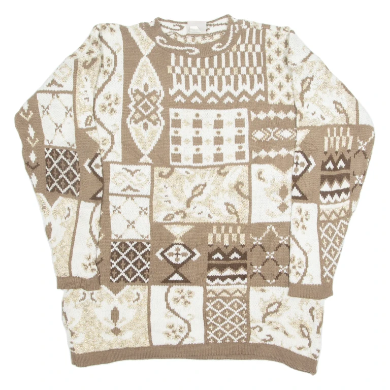 HUNTINGTON RIDGE Mens Patterned Jumper Brown Crazy Pattern Tight Knit XL