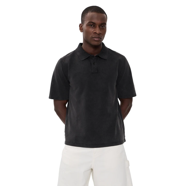 Washed Pique Polo Top Black M