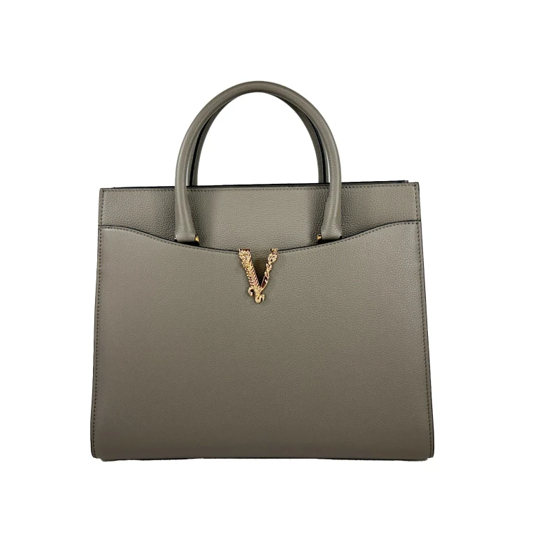 Versace Virtus Large Leather Top Handle Satchel Bag Tote Gray Gold - Women