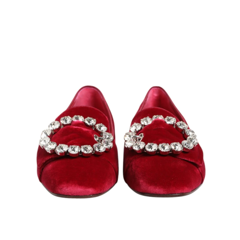 Dolce & Gabbana Red Velvet Crystal Buckle Loafers Flats Shoes Cotton - Women