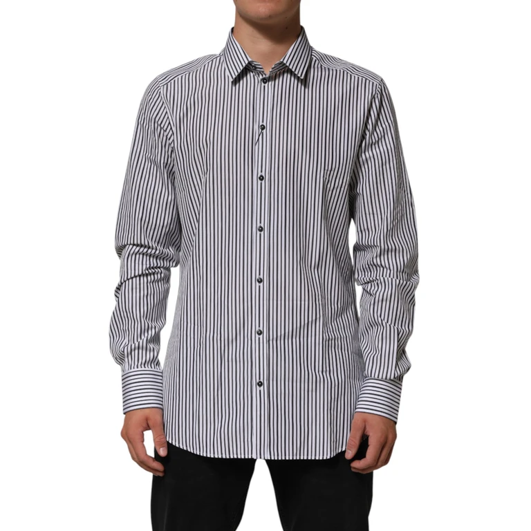 Dolce & Gabbana Black White Stripes Men Gold Dress Shirt And Cotton - Men