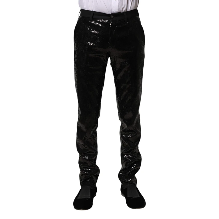 Black Sequined Embellishment Pants Polyester Virgin Wool - Men