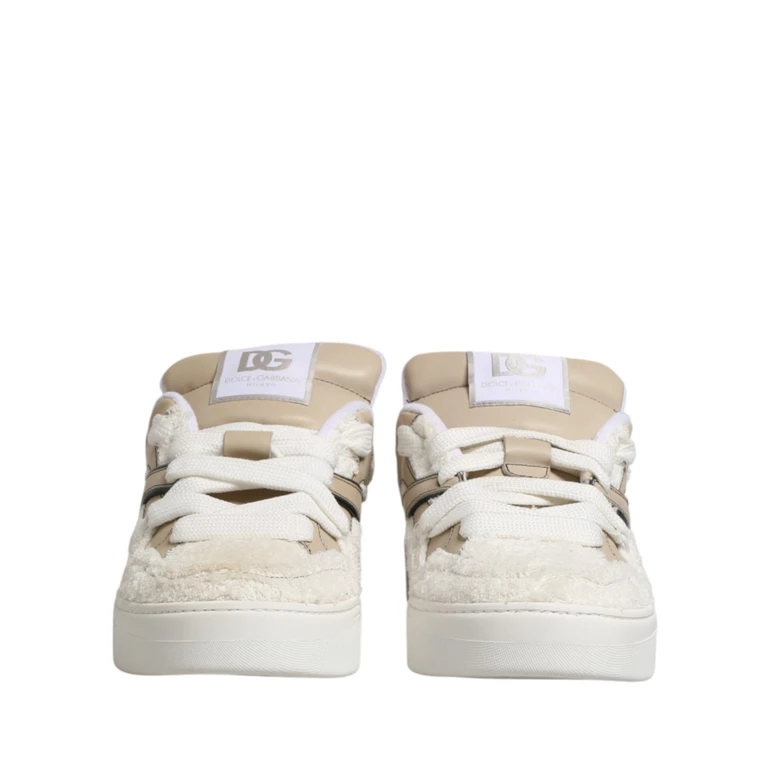 Dolce & Gabbana White Beige Faux Shearling Low Top Sneakers Shoes Leather - Men