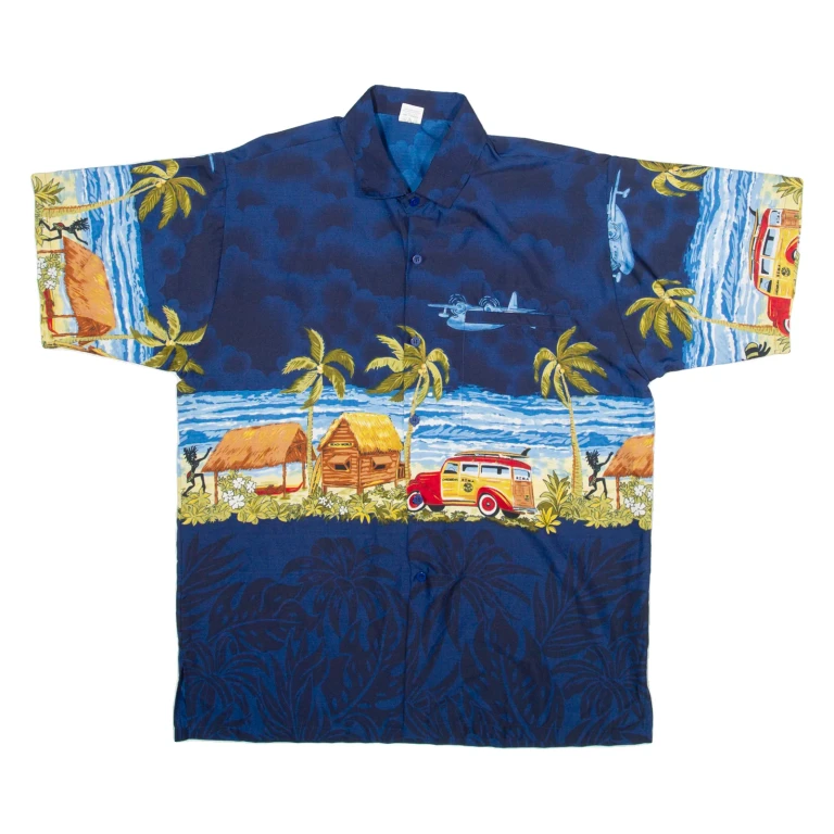 RIMA Mens Hawaiian Shirt Blue Floral M