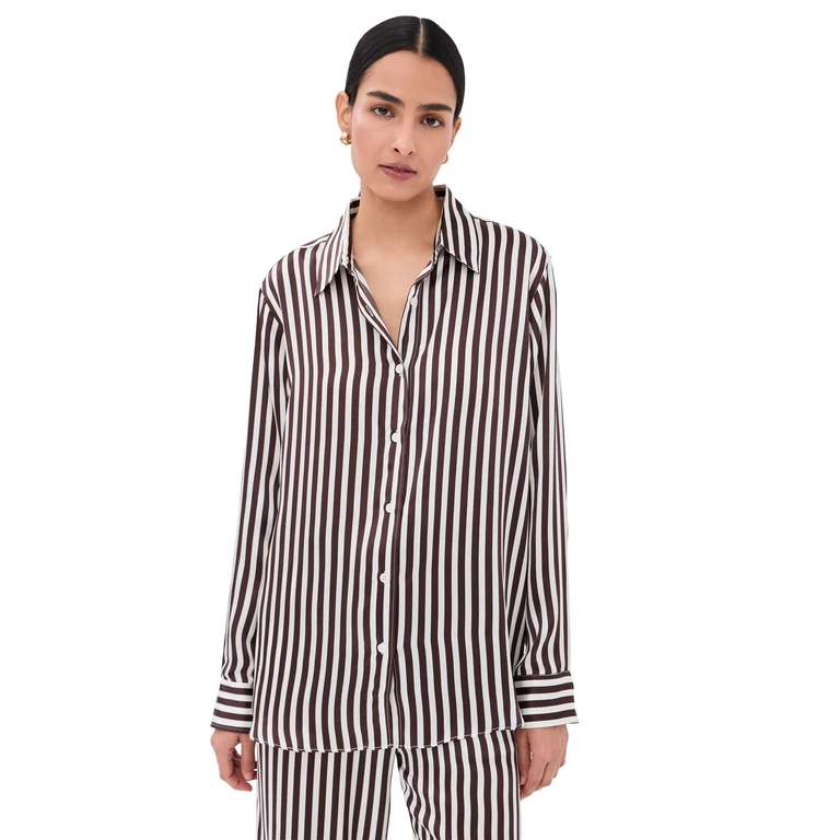 Mara Silk Button Up Brown Stripes M