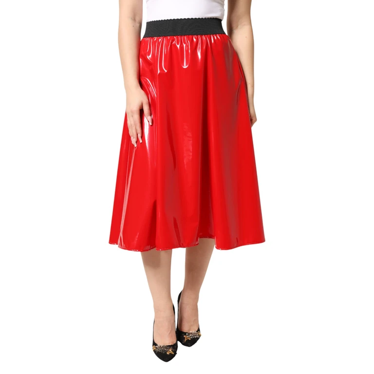 Dolce & Gabbana Glossy Red Polyester High Waist Midi Skirt 05+co+pl+vi - Women