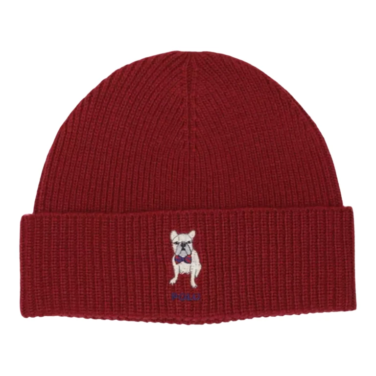 Embroidered Frenchie Rib-Knit Women Beanie Holiday Red