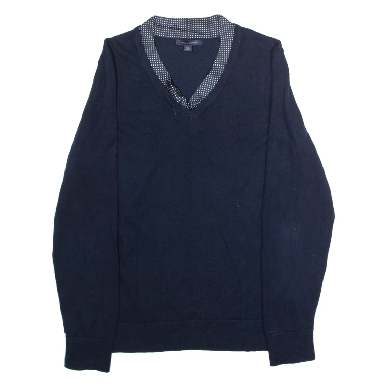 TOMMY HILFIGER Womens Jumper Blue V-Neck Tight Knit L