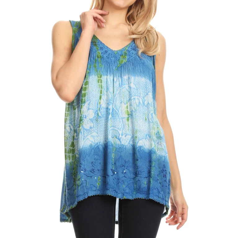 Sakkas Women's Tie Dye Floral Sequin Sleeveless Blouse