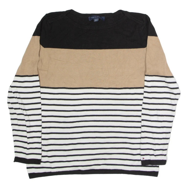 TOMMY HILFIGER Womens Patterned Jumper Black Striped Tight Knit L