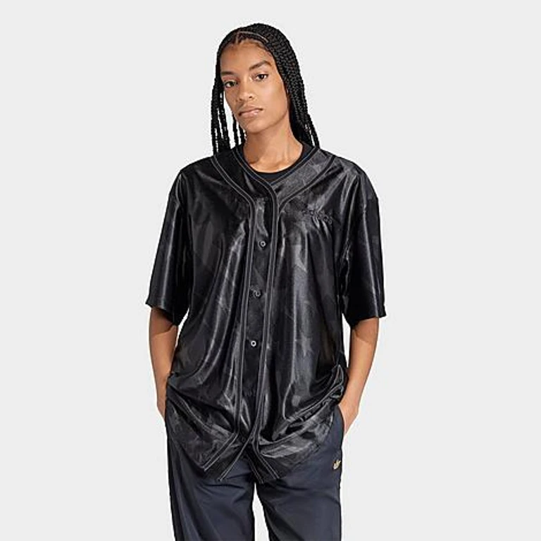 adidas Women's Originals Denim Graphic Baseball Jersey in Black Size: XS