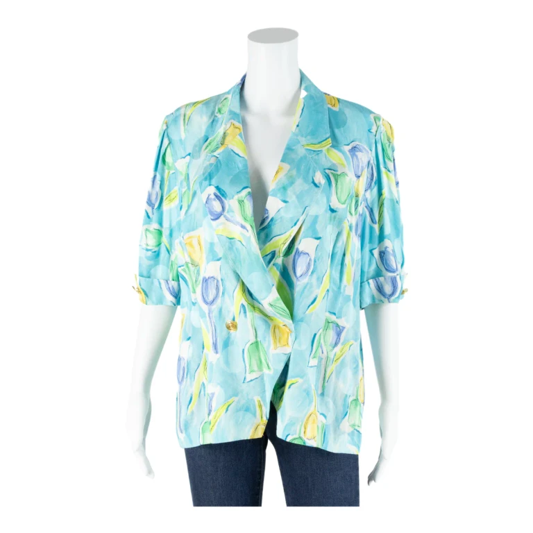 LADY F Open Womens Shirt Blue Collared 90s Viscose Floral UK 16