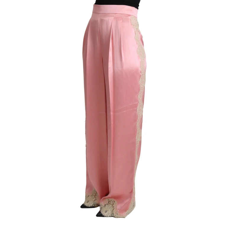 Dolce & Gabbana Pink Lace Trimmed Silk Satin Wide Legs Pants Cotton Nylon - Women