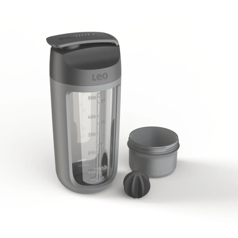 Leo Protein Shaker Bottle With Powder Compartment, 16.9oz., Grey
