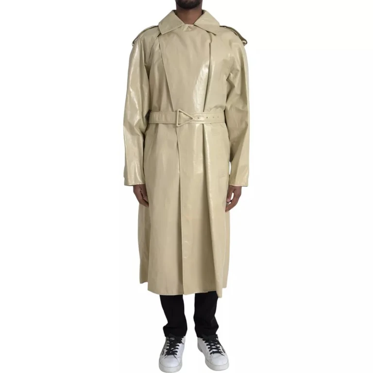 Beige Lambskin Leather Trench Coat Jacket Black Calf Clothing - Men