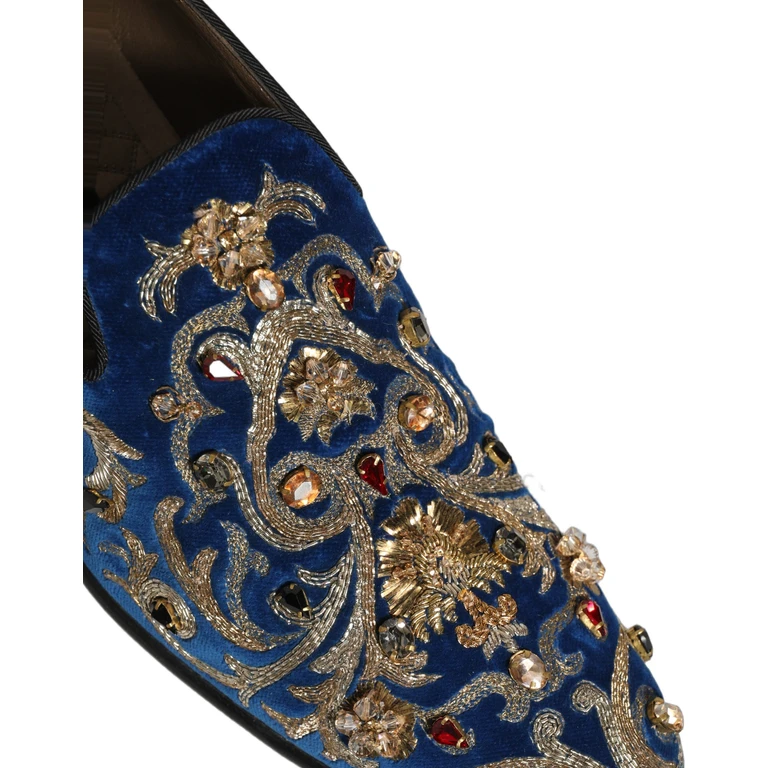 Dolce & Gabbana Blue Velvet Embellished Dress Loafers Shoes Leather - Men