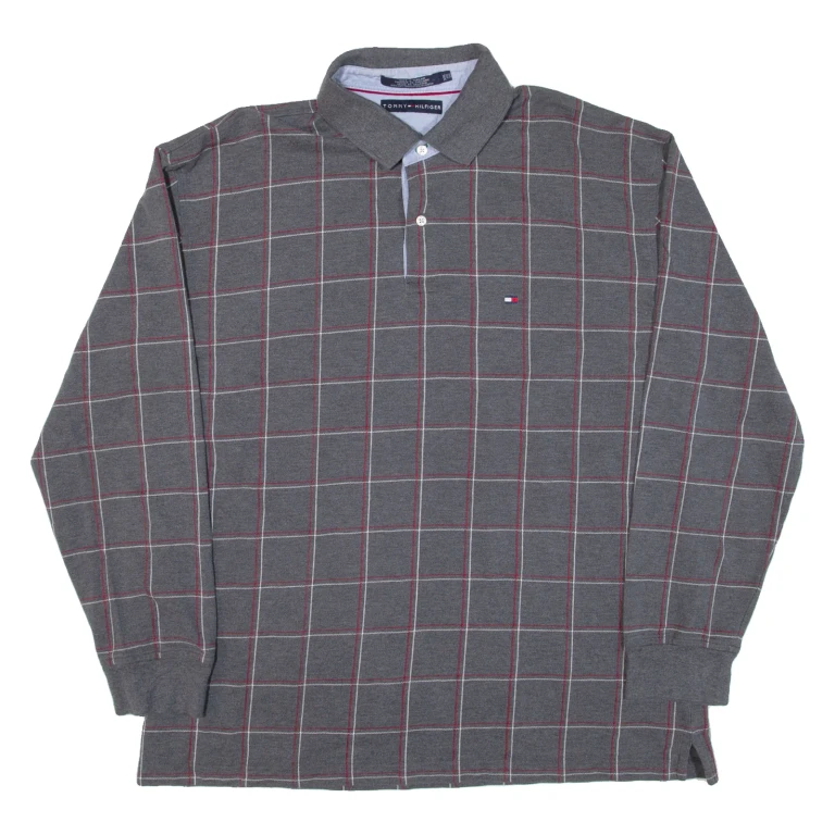 TOMMY HILFIGER Mens Polo Shirt Grey Check Long Sleeve 2XL