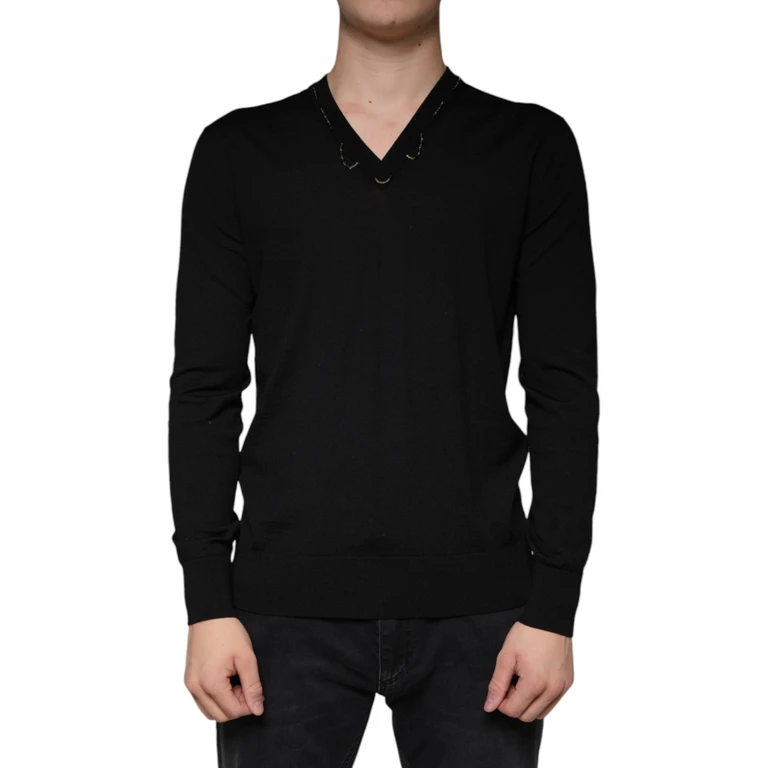 Black Embellished V-Neck Pullover Sweater Virgin Wool Clothing - Men