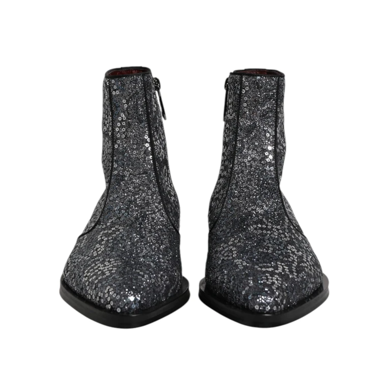 Dolce & Gabbana Dark Gray Cotton Sequined Chelsea Boots Shoes Viscose Pe Polyester - Men