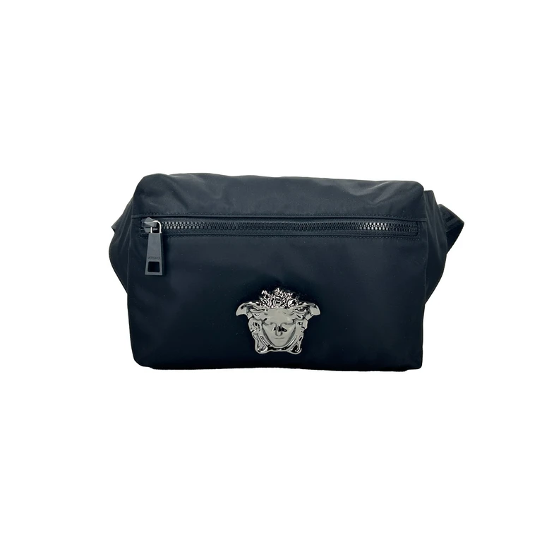 Versace Medusa Black Nylon Belt Bag Waist Fanny Pack Purse Silver - Women