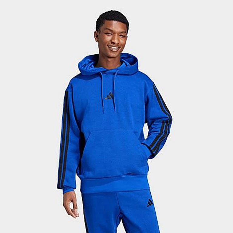 adidas Men's Essentials 3-Stripes Fleece Pullover Hoodie in Royal Blue/Black Size: XS