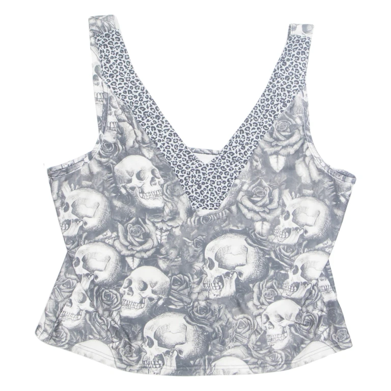 Skull Womens Printed Top Grey V-Neck Sleeveless Crazy Pattern 2XL
